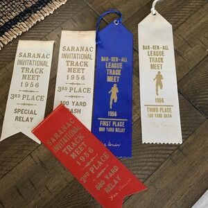 5 VTG Antique Track & Field Ribbons‎ 1956 Saranac Invitational Bar-Ken-All Meet